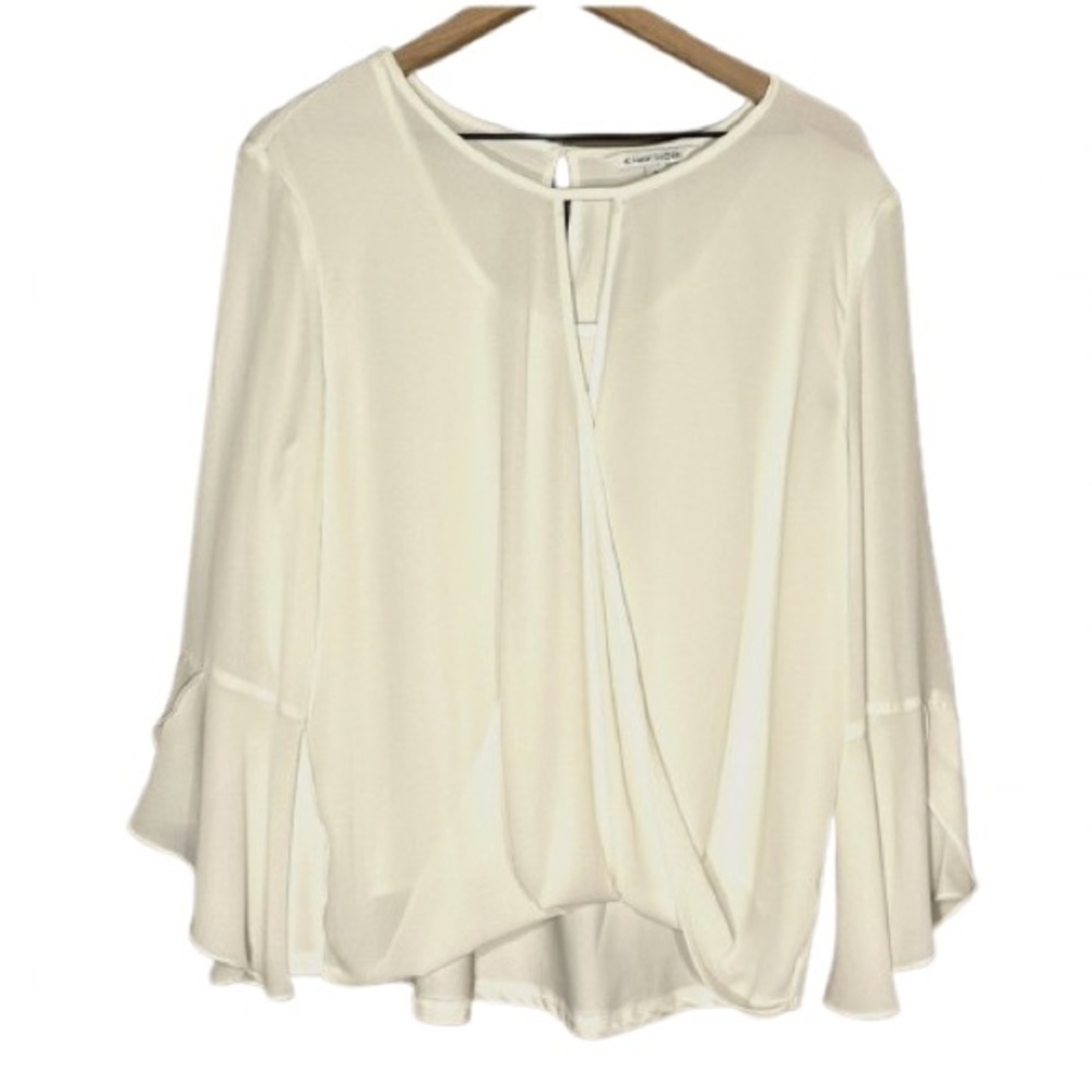 Women's XL 41 Hawthorn Faux Wrap White Blouse Ruffle Sleeve Scoop Neck